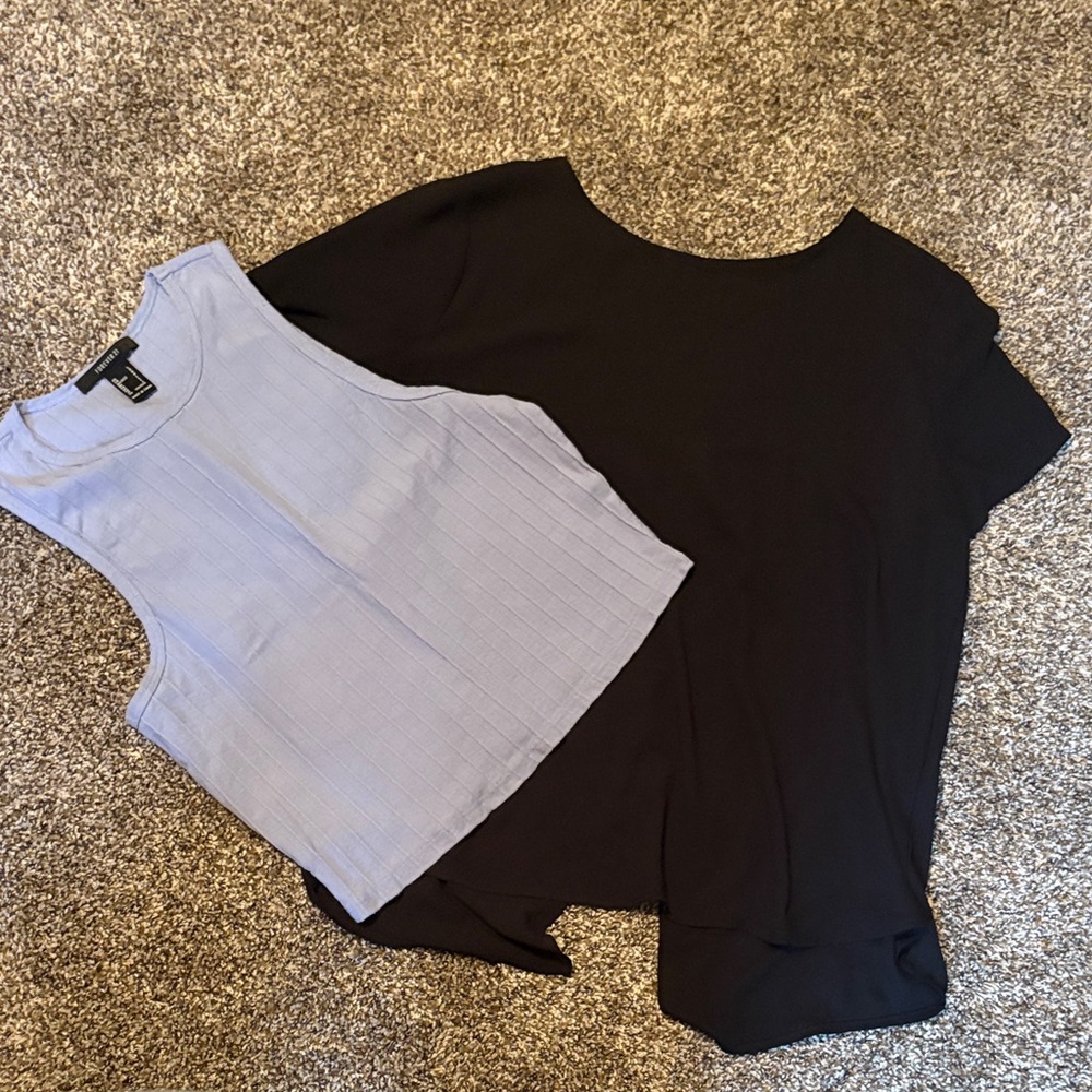 Forever 21 Black Dress silky shirt and Light Blue Tank Top